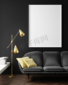 创意海报设计创意摄影照片_小样的 3d 渲染时髦客厅墙上的空白海报