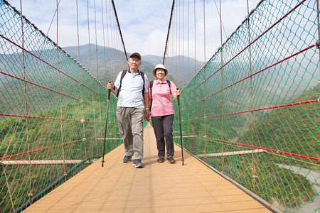 在自然公园桥上走的快乐年长夫妇