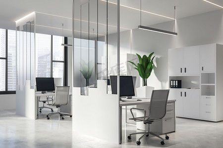 家具3d摄影照片_室内的现代办公室与白色和玻璃墙, 混凝土地板, 大窗户, 白色电脑桌与金属椅子和书柜与文件夹。3d 渲染