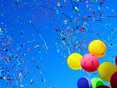 周年促销活动海报摄影照片_五颜六色的气球和五彩纸屑