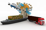 围绕全球、 货船、 卡车和飞机的纸箱。在线商品的概念在世界范围内订单