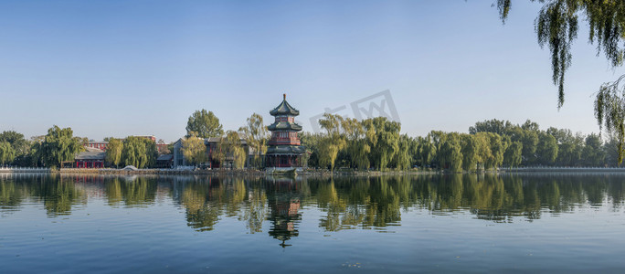 风景亭子摄影照片_北京什刹海海