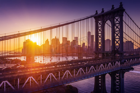 纽约城-曼哈顿曼哈顿和布鲁克林桥美丽的日落