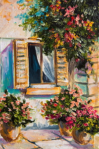 油画-美丽的大自然，五颜六色的鲜花，希腊街头