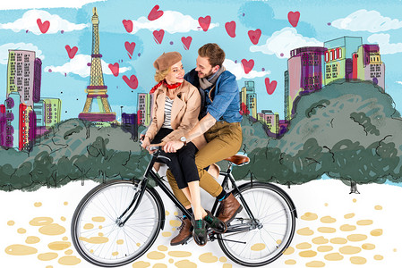 巴黎浪漫摄影照片_幸福优雅的夫妇骑自行车与巴黎插图的背景