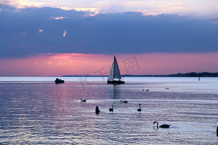 美丽多彩的日落在湖与船和天鹅