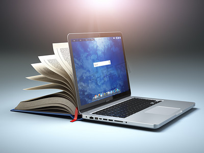 书摄影照片_网上图书馆或电子学习的概念。打开笔记本电脑和书 compi