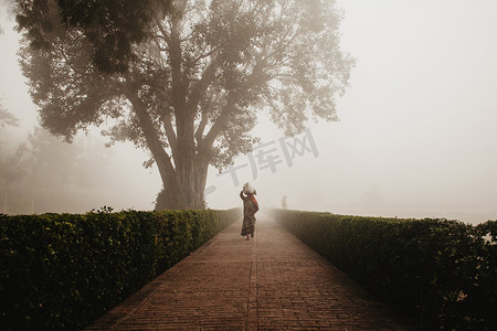 孤独的人类剪影在雾中