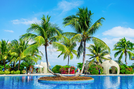 Beautiful view of the pool and stunning palm trees in Wuzhizhou Island. Tropical island for relax and water activities. Haitang Bay. Hainan Island, Sanya city.