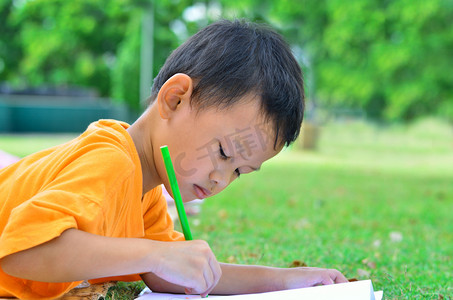 回到学校: 男孩画和画过绿草
