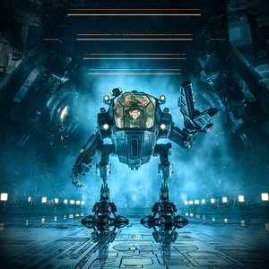 货物装载机 mech/3d 科幻小说场景的例证与女宇航员控制重工业机械机器人在黑暗工业太空飞船走廊内