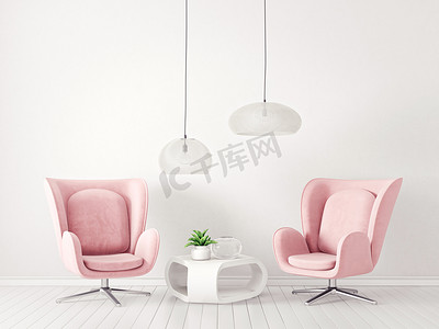 现代光客厅与玫瑰色扶手椅、白色桌和透明的灯