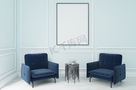 新思维海报摄影照片_蓝色的扶手椅和一张海报