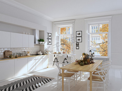 绿色水晶摄影照片_在一间公寓的北欧厨房。3d 渲染。感恩节的概念.