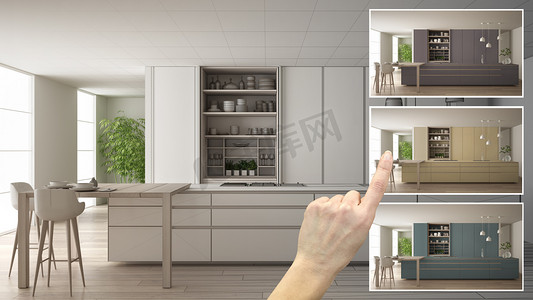 建筑师设计师的概念, 手工显示现代木制厨房颜色在不同的选项, 室内设计项目草案, 颜色选择器, 材料样品