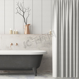 文艺摄影照片_在浴室里用老式的风格模仿海报。趋势颜色。3d.