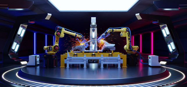 自动化控制摄影照片_科学中的机器人汽车组装。 3D渲染