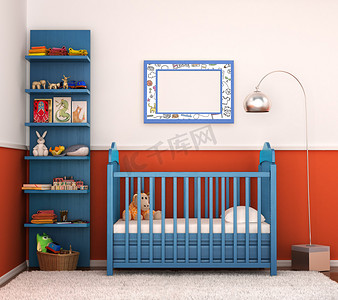 红色的地毯摄影照片_室内是现代孩子们的房间，明亮的墙壁、 婴儿床佛
