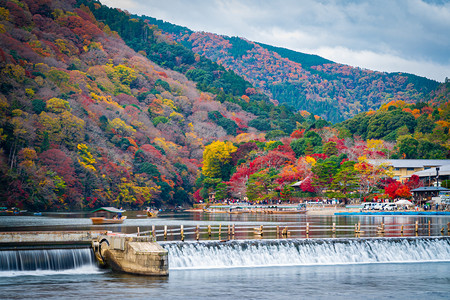 橙子易拉罐摄影照片_秋天山森林景观沿着嘉素拉河. 日本京都.