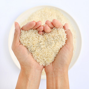 手握茉莉白米饭在白板上爱形状，白色背景