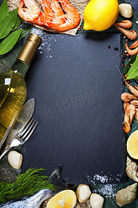 葡萄酒与海鲜食品背景