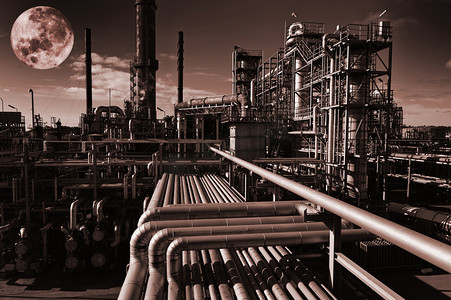 煤气管道摄影照片_在晚上的石油和天然气精炼厂