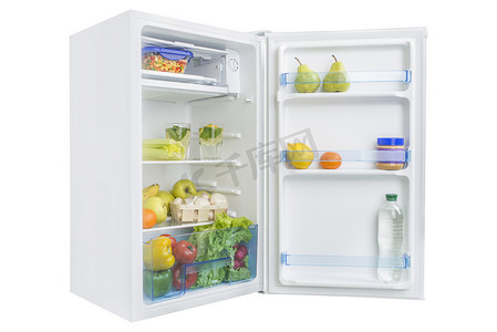 冰柜摄影照片_打开冰箱里充满了新鲜水果和蔬菜