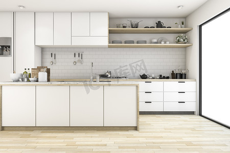 3d 渲染斯堪的纳维亚厨房与白色基调设计