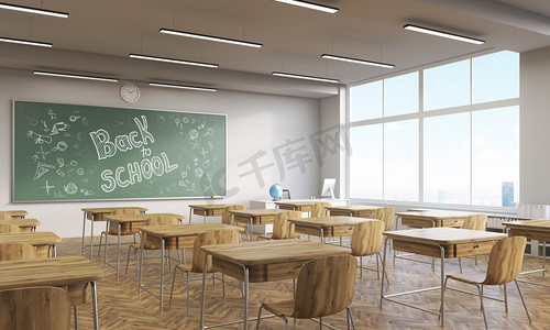 Wooden classroom interior at school. Concept of obtaining education. Back to school. 3d rendering. 