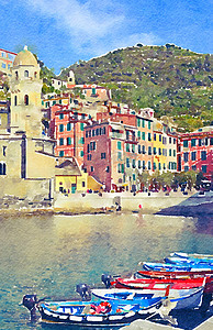 Cinque Terre（意大利）Vernazza阳光日的水彩画)