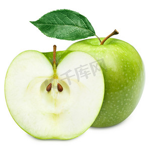 青苹果水果和一半的苹果和绿色的树叶
