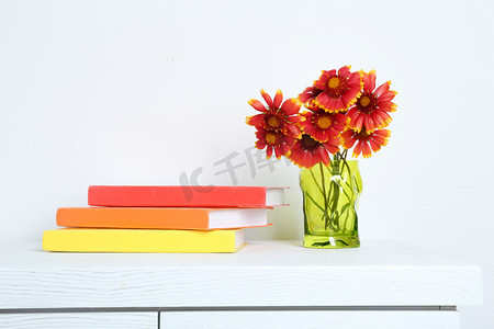 艺术背景美丽摄影照片_美丽的鲜花，插在花瓶里用的背景墙上的书