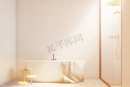 首图首图摄影照片_白色浴室配有浴缸，定了调子