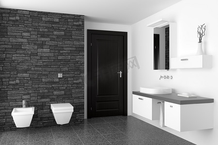 净身盆摄影照片_带黑色石材幕墙的现代浴室