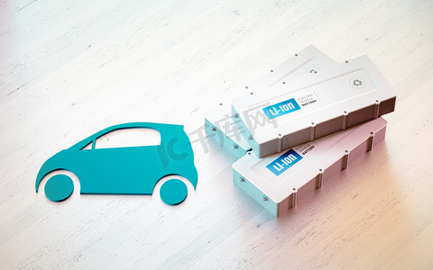 包装盒展开图摄影照片_锂离子电动车电池概念。汽车符号与 Ev 电池