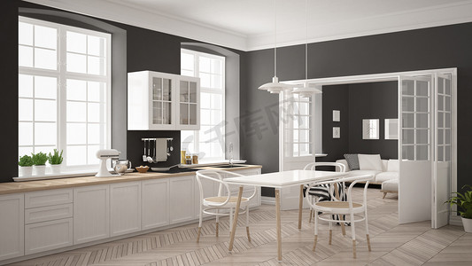 中世纪风格宝箱摄影照片_极简主义斯堪的纳维亚的白色的厨房与客厅中广管局