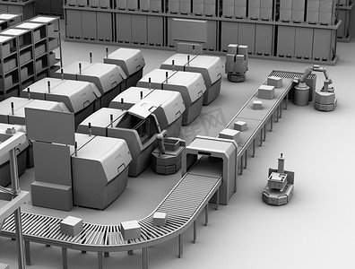 从金属3d 打印机中提取自动导引小车的粘土模型智能工厂概念3d 渲染图像.