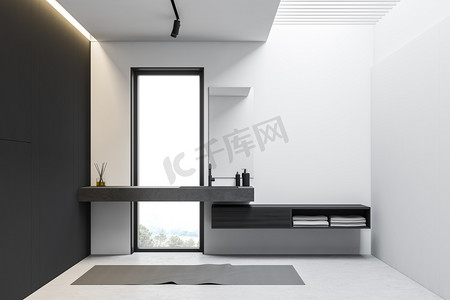 and摄影照片_White and gray loft bathroom interior with sink