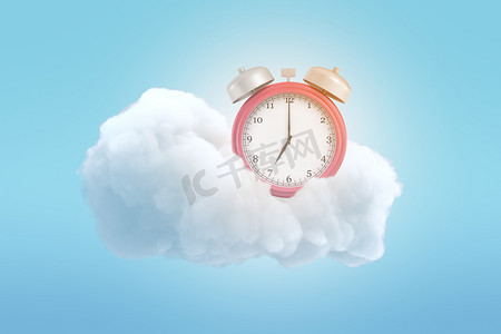 3d 渲染老式闹钟在一个蓬松的白云上的蓝色背景.