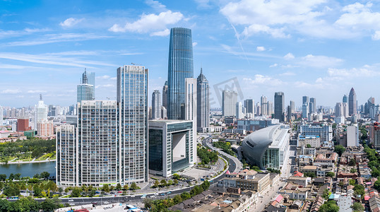 蓝色科技点线结构摄影照片_天津现代城市景观