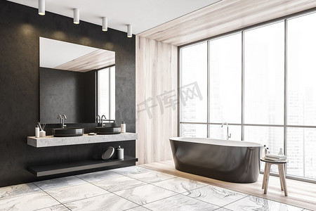 重建工作摄影照片_带有灰色和木制墙壁的时尚浴室角落，大理石地面，舒适的浴缸和两个带有镜子的圆形浴缸。3d渲染