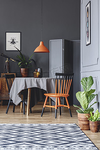 餐厅内有桌子, 黑色和橙色的椅子, 植物和图案的地毯