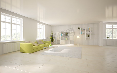 白色内部的客厅与彩色的家具-3d 图