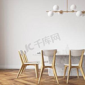 餐饮设计摄影照片_带设计椅的白色餐桌特写