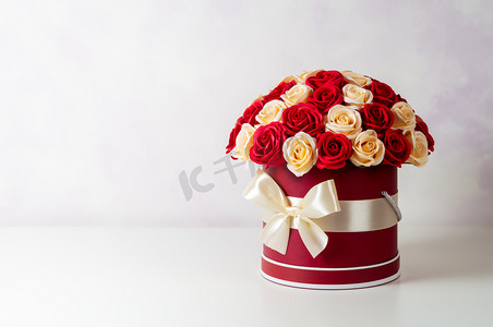 浪漫花朵装饰摄影照片_一束粉红色和白色的玫瑰装饰在一个帽子盒上的光背景.