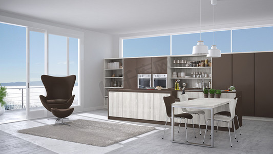 椅子创意摄影照片_现代的白色和棕色厨房木制的细节，大窗口 w