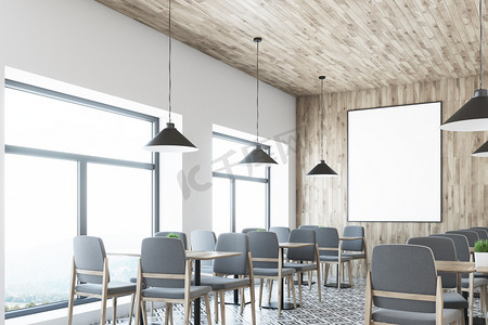 创意照片墙模板摄影照片_白色的咖啡馆，木制的天花板，海报角