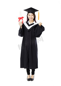 毕业摄影照片_年轻的女大学生毕业的全长