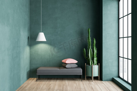 家居家纺详情模板摄影照片_绿色客厅, 配有长凳和坐垫