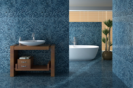 富人摄影照片_蓝色的浴室浴缸和水槽